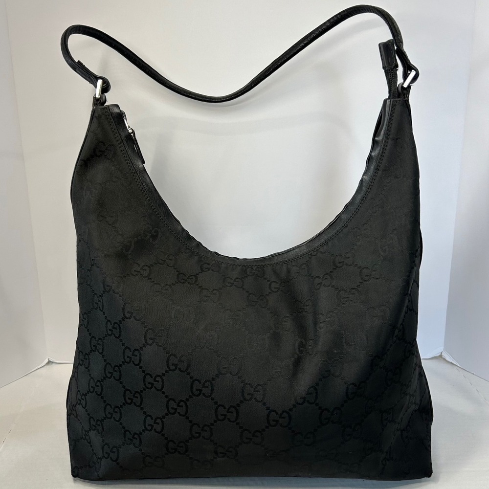 Gucci GG Monogram Canvas Hobo Shoulder Bag Black Leather Trim Italy